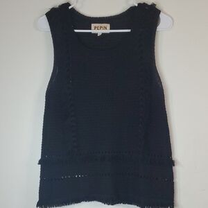 Pepin Crochet Open Knit Tank Top With Fringe Size Small Black
